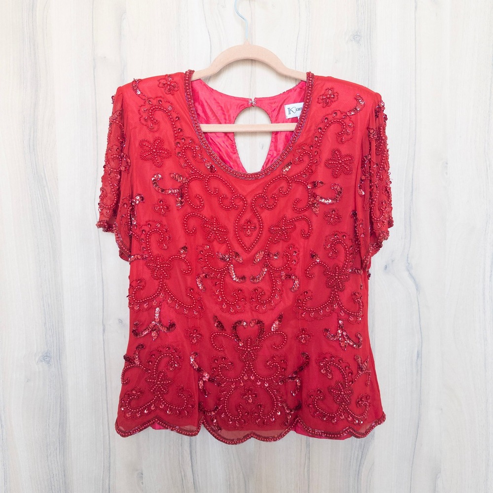 Vintage Womens Beaded Top XL Red Sequin Silk Short Sleeve Evening Gatsby Retro